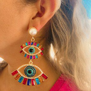 All Seeing Evil Eye Protection Large Rhinestone Pearl Earrings Boho Hippie Fashi